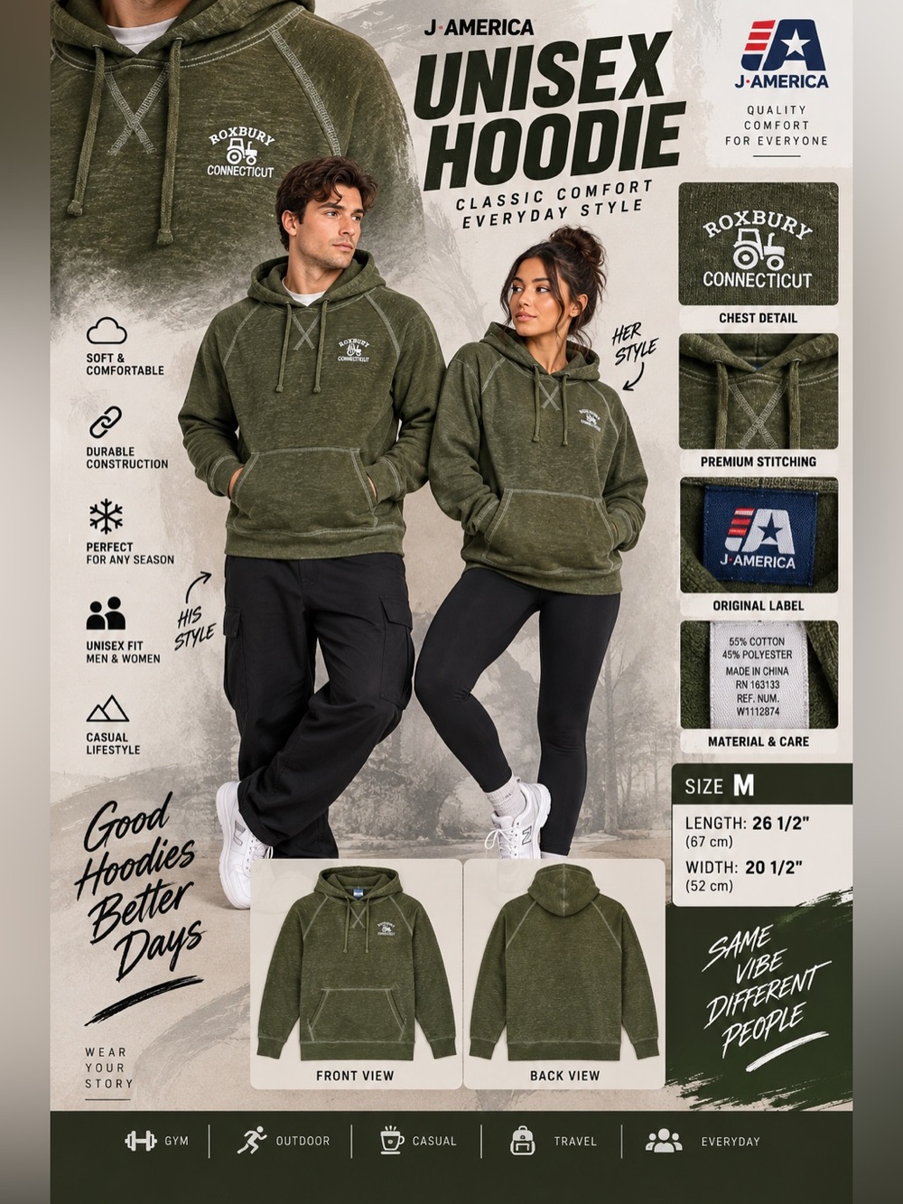 J. America Roxbury Connecticut Tractor Green Fleece Pullover Hoodie Unisex M